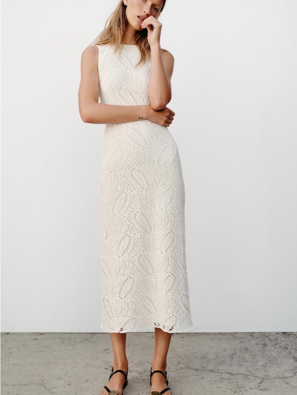 Sleeveless White Crochet Midi Dress